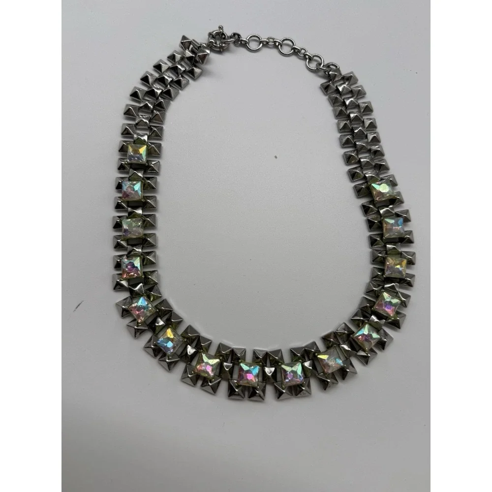 J.Crew Crystal Grid Chain‎ Statement Necklace Iridescent Silver Rhodium Plated